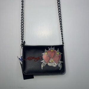 NWT Ed Hardy Black Mini Crossbody Bag with Heart Design